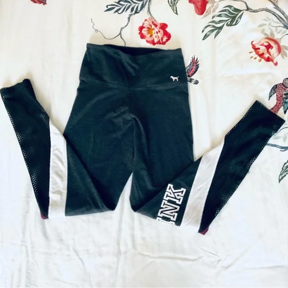 PINK by VS XS leggings Dark Gray Burgundy White fishnet & hidden pockets EUC - Picture 5 of 7